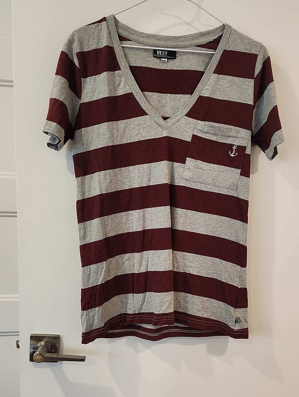 P2P 18.5" Striped V-Neck Shirt in Maroon and Gray